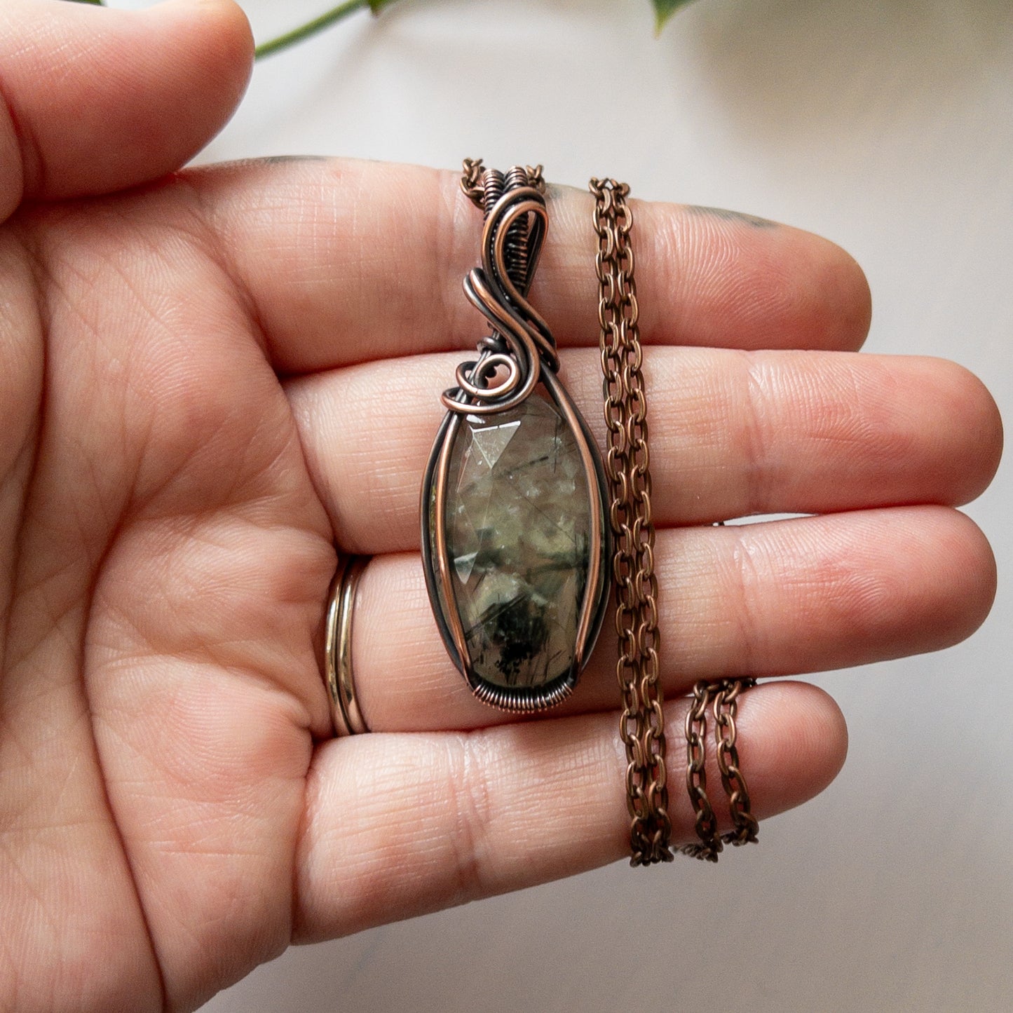 Faceted Prehnite & Copper Wrapped Pendant
