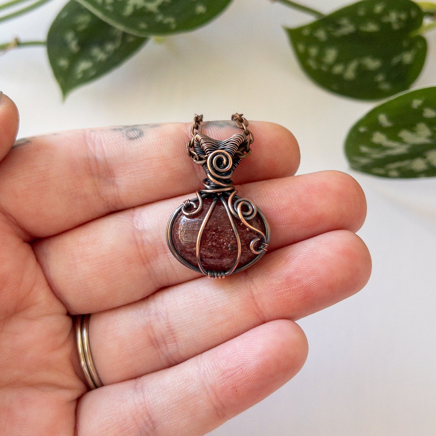 Pumpkin Pendant - Strawberry Quartz & Copper