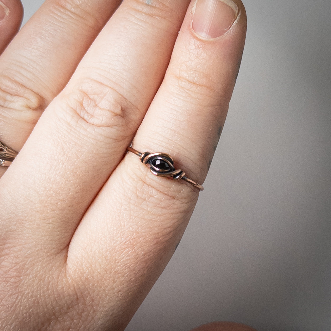 Faceted Black Cubic Zirconia Dainty Copper Ring Size 8.5