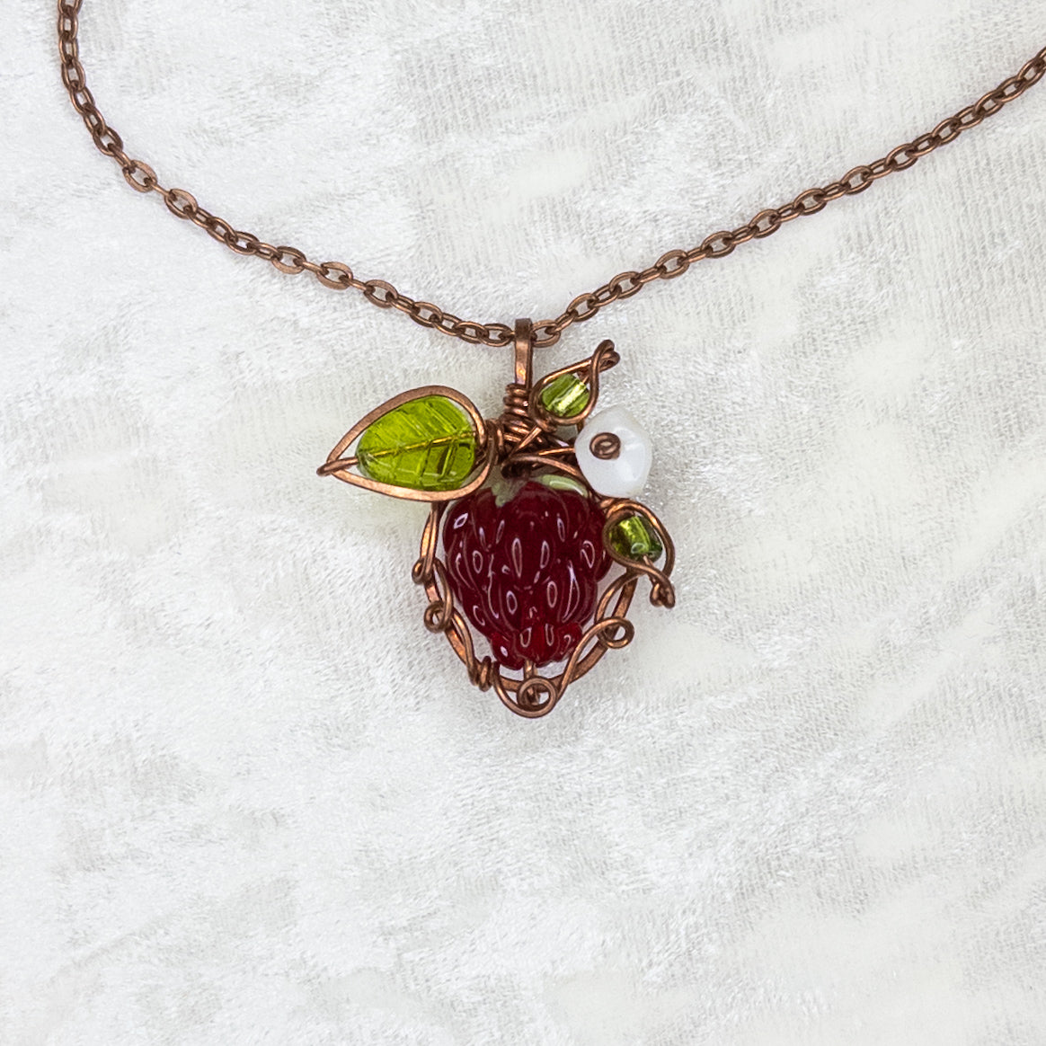 Whimsical Glass Raspberry Copper Wrapped Pendant with Shell Flower - F