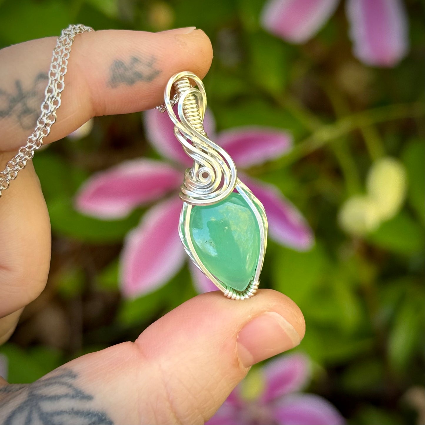 Chrysoprase Sterling Silver Wrapped Pendant