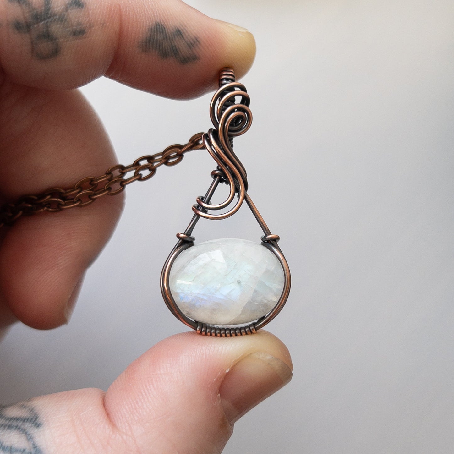 Rainbow Moonstone & Copper Wrapped Pendant