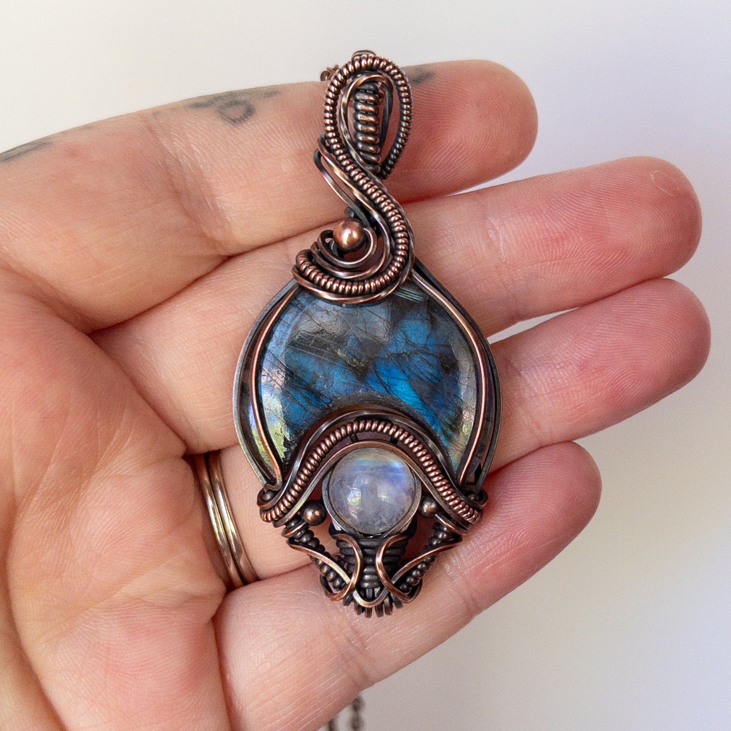 Labradorite With Moonstone Antiqued Copper Amulet Pendant