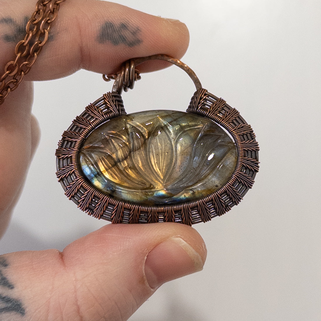 Lotus Carved Labradorite Woven Copper Pendant