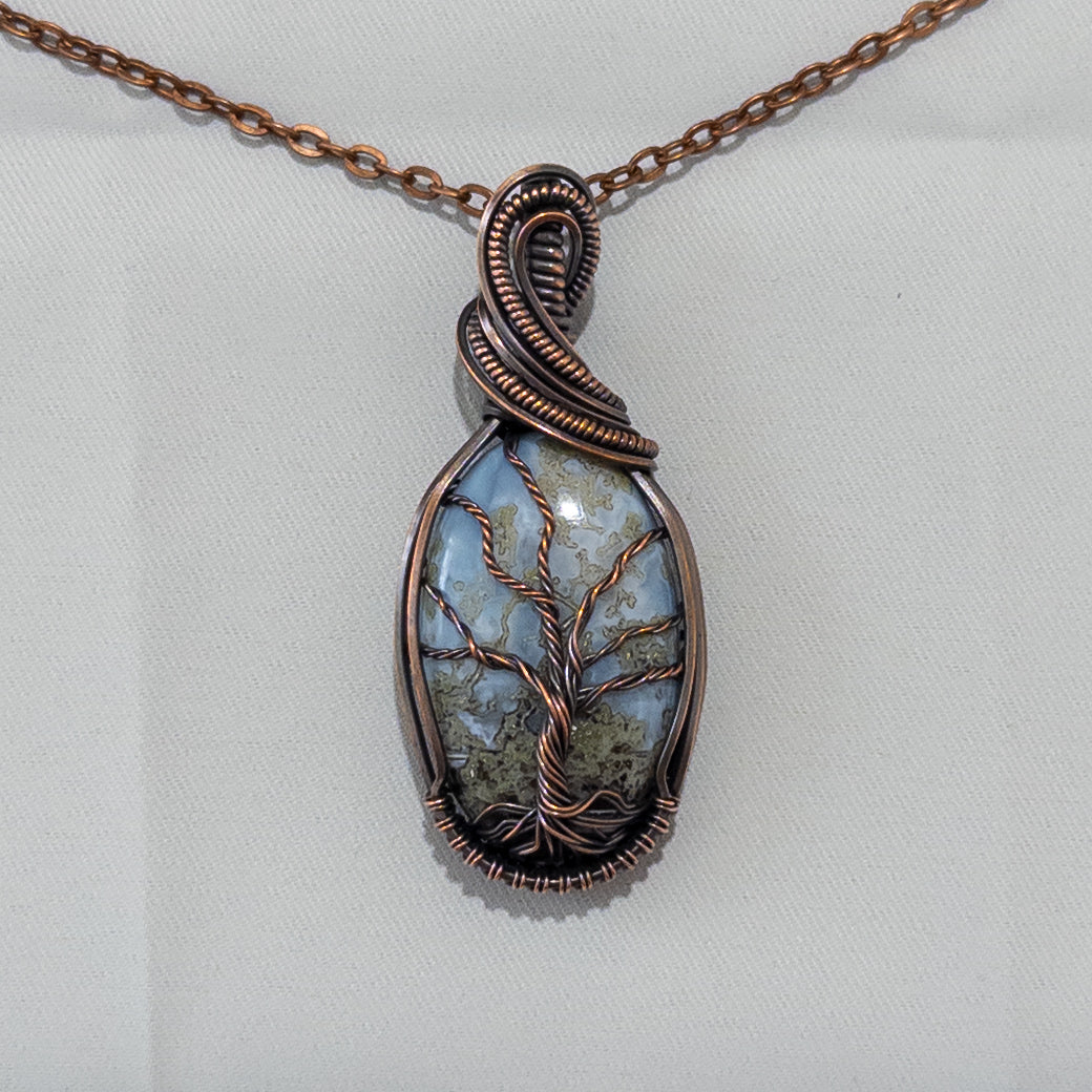 Mossy Blue Opal Woven Tree Copper Wrapped Pendant