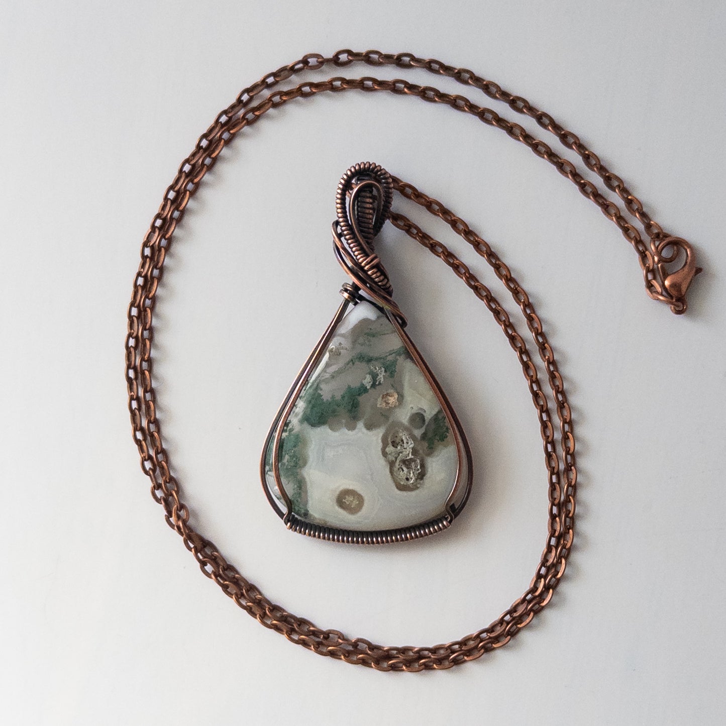 Moss & White Agate Antiqued Copper Wrapped Pendant