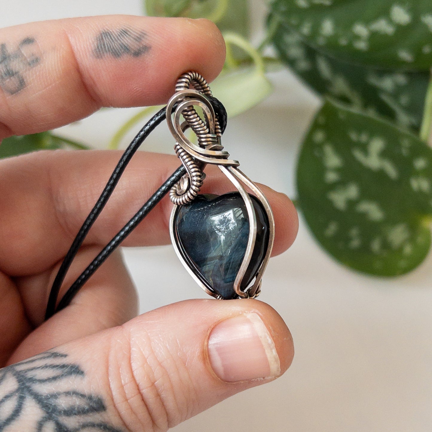 Blue Tiger’s Eye Heart & Sterling Silver Wrapped Pendant