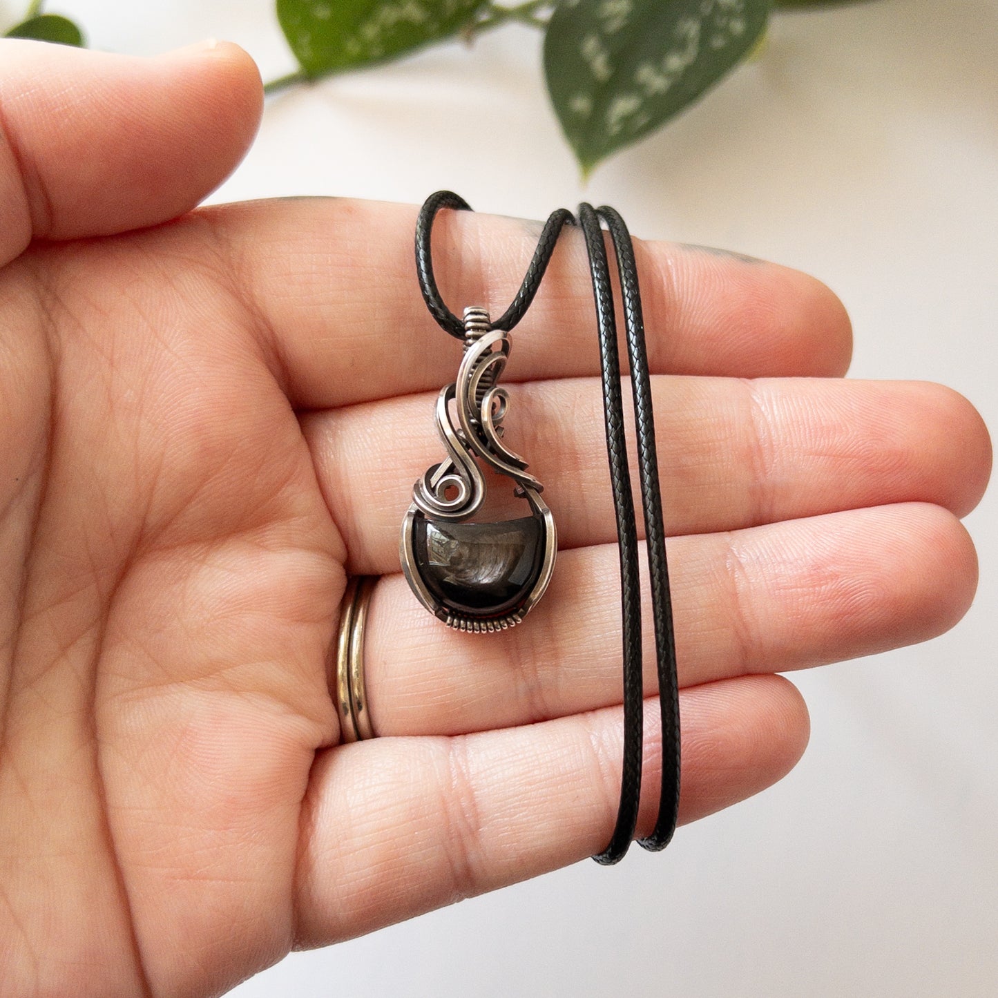 Hypersthene Moon & Sterling Silver Wrapped Pendant