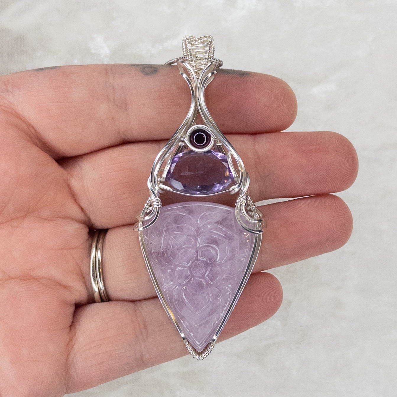 Floral Motif Carved Kunzite, Faceted Rose de France Amethyst, & Fuschia Garnet Solid Sterling Silver Wrapped Pendant