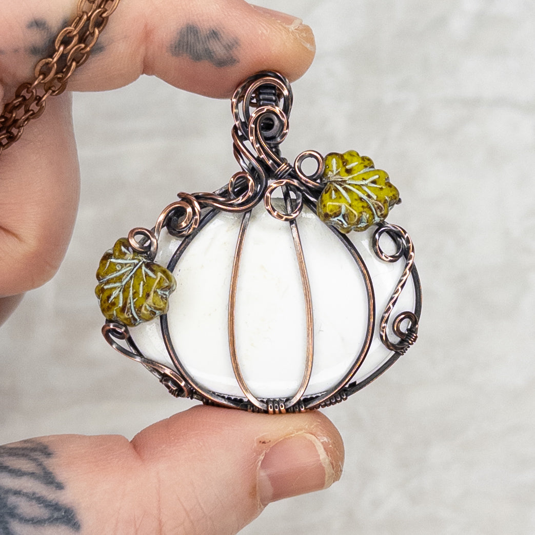 Large White Scolecite Antiqued Copper Pumpkin Pendant with Czech Glass Leaves