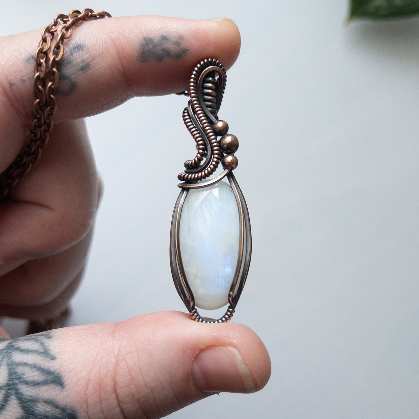 Blue Flash Moonstone & Copper Wrapped Pendant