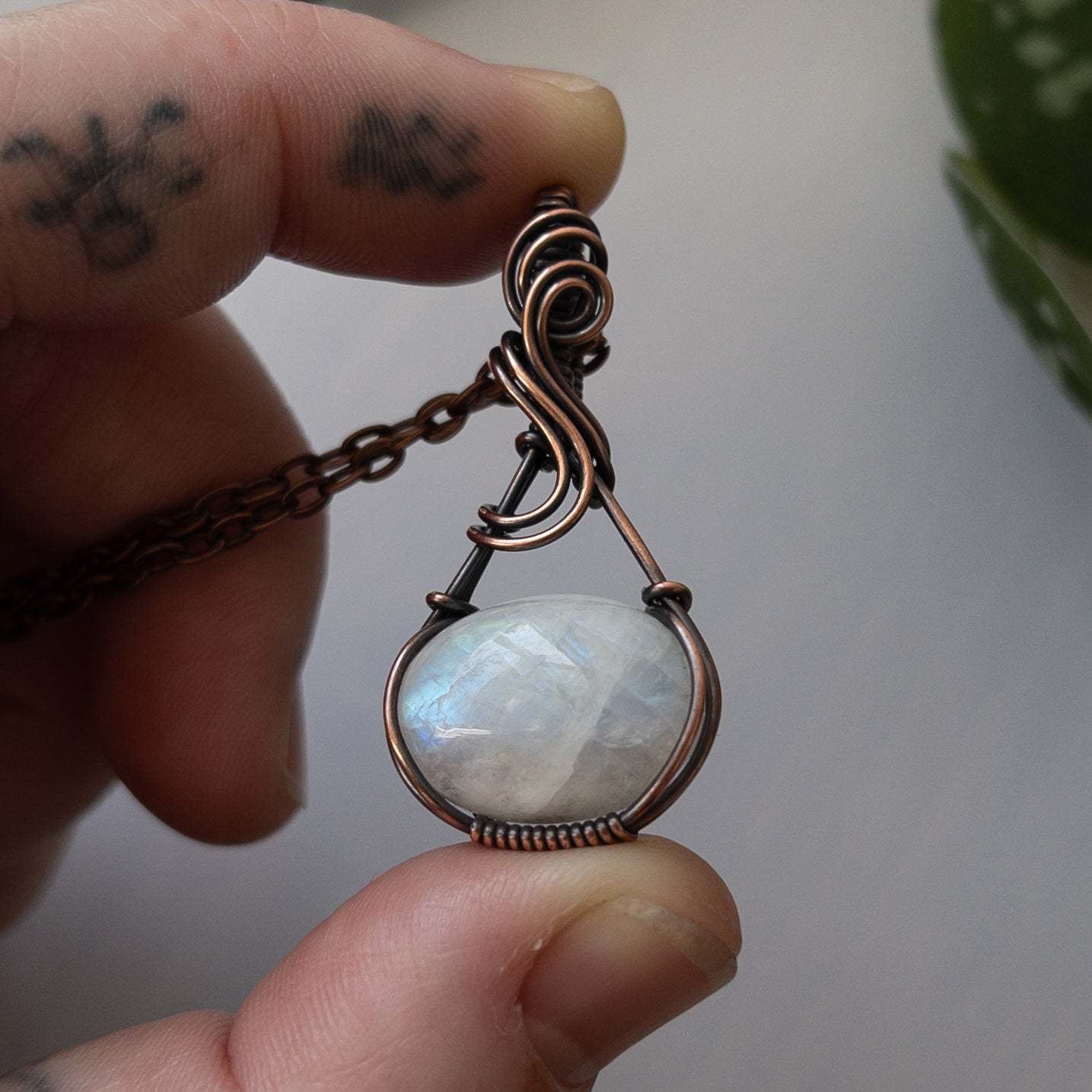 Rainbow Moonstone & Copper Wrapped Pendant