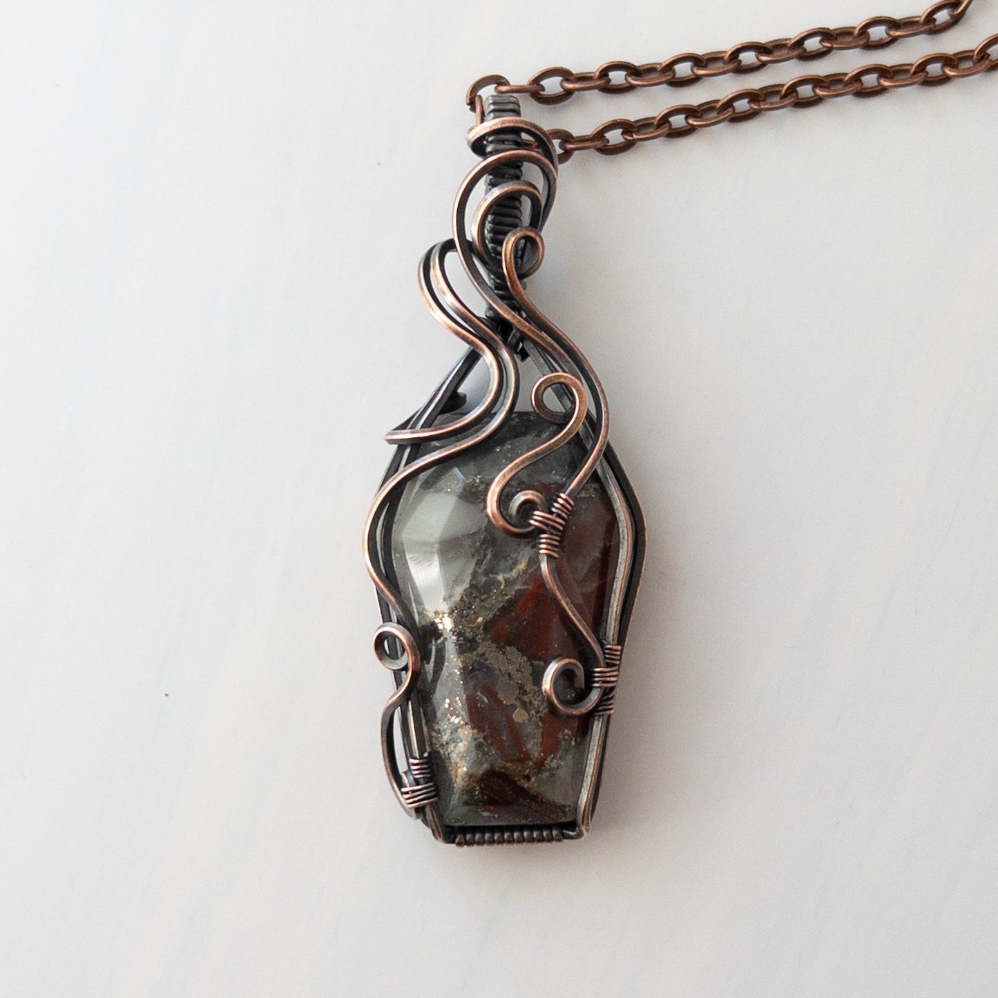 African Bloodstone Coffin Antiqued Copper Wrapped Pendant
