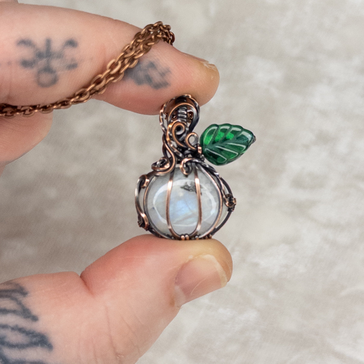 Dainty Moonstone Antiqued Copper Pumpkin Pendant With Czech Glass Leaf