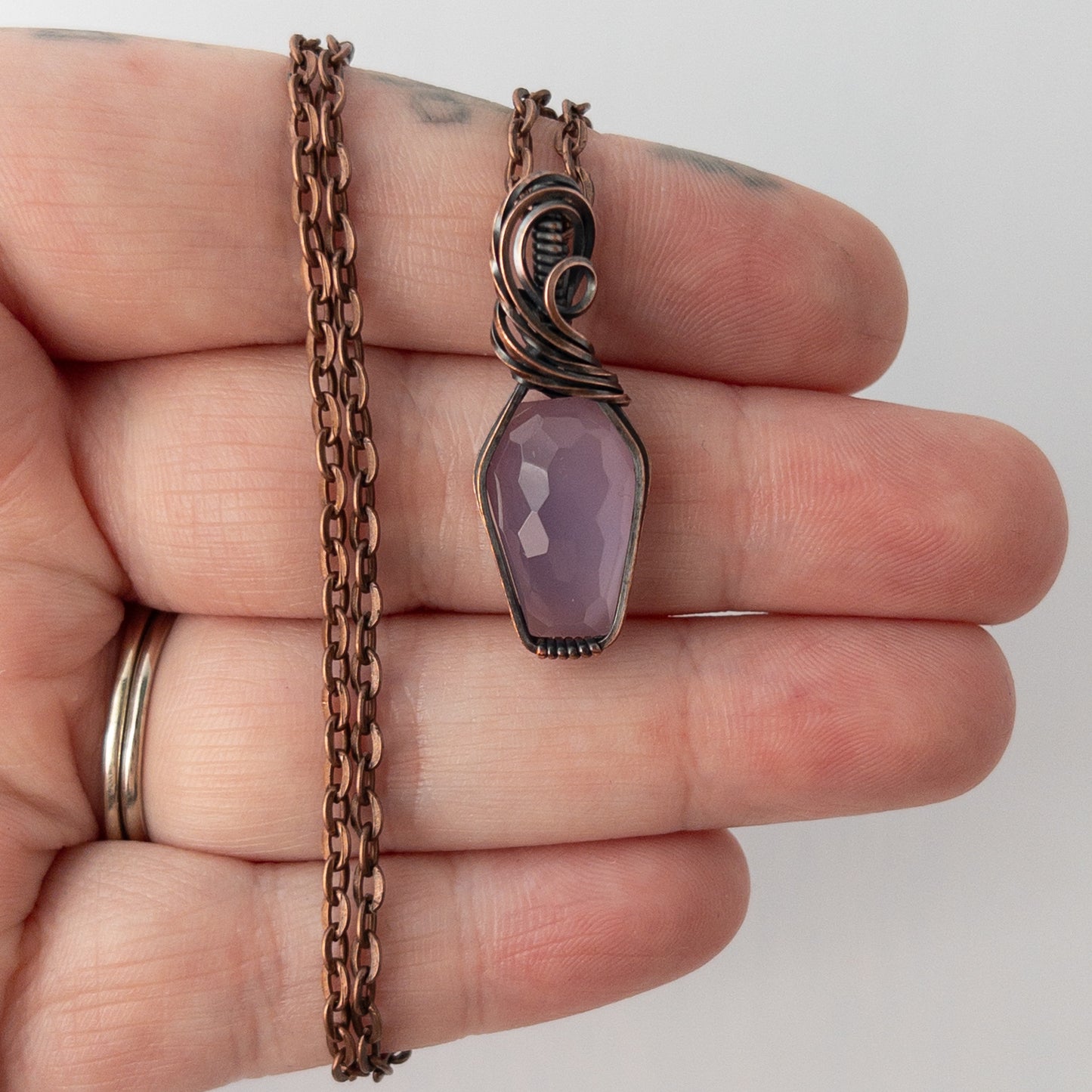 Rose Cut Lavender Chalcedony Coffin Copper Wrapped Pendant