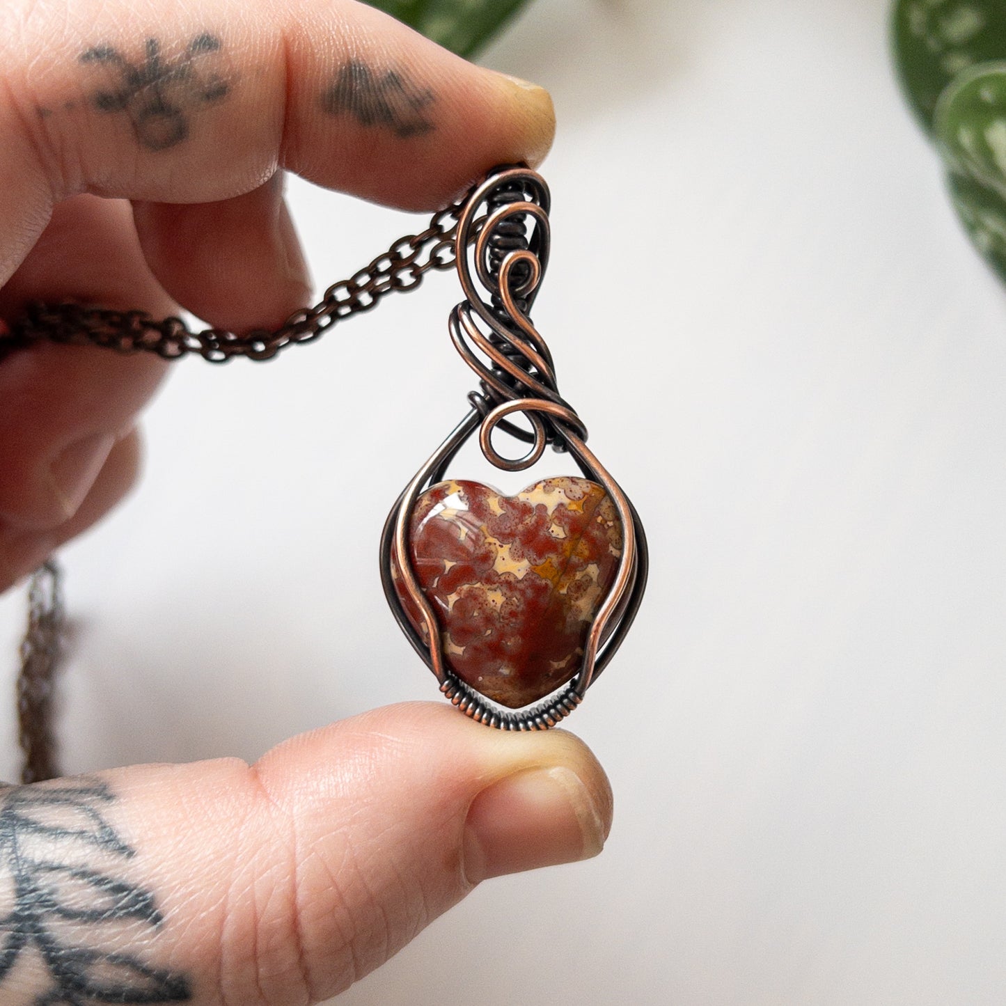 Dappled Ocean Jasper Heart Copper Wrapped Pendant
