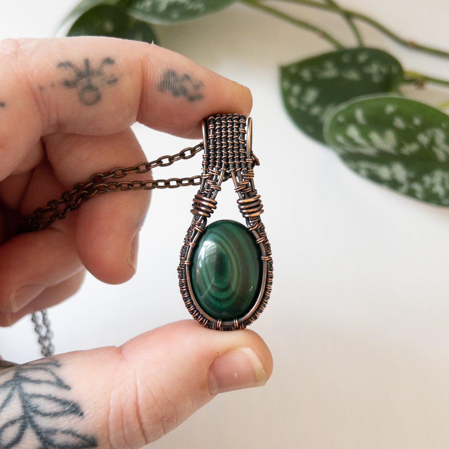Malachite & Copper Woven Pendant