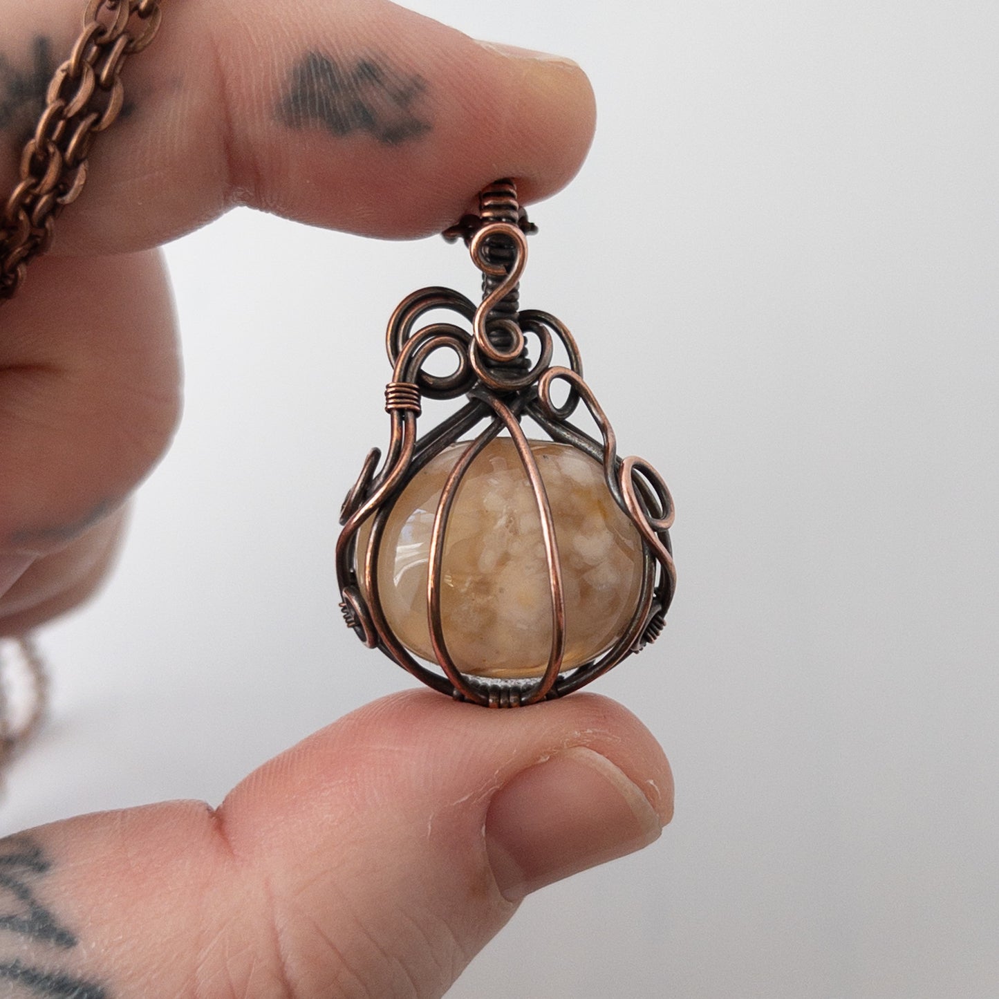 Flower Agate Pumpkin Antiqued Copper Wrapped Pendant