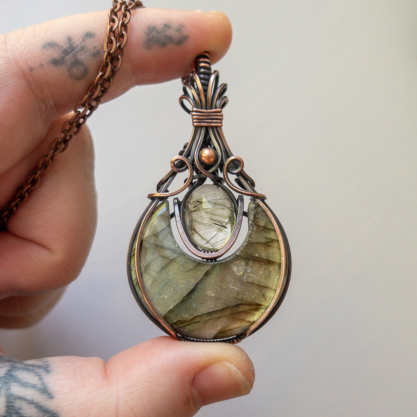 Labradorite Moon & Faceted Green Rutile Copper Wrapped Pendant