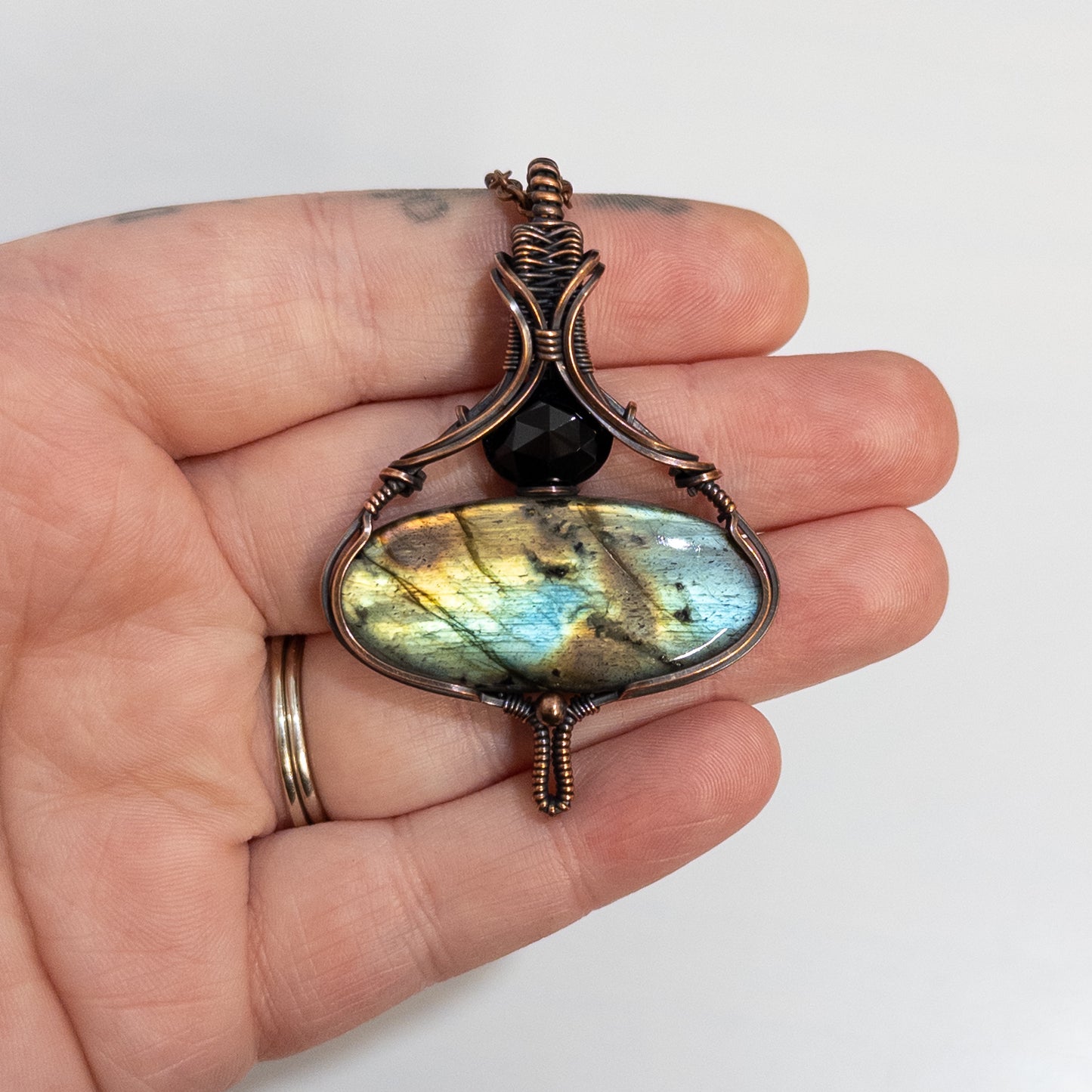Metamorphosis - Labradorite & Faceted Black Spinel Copper Pendant