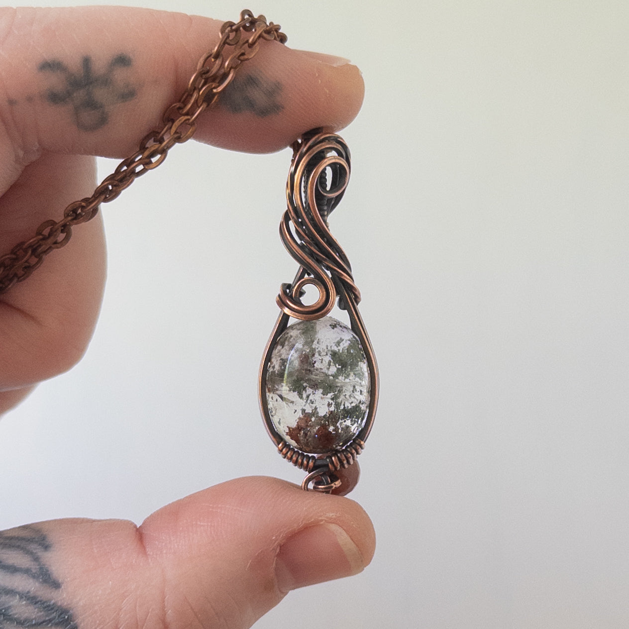 Garden Quartz & Jasper Antiqued Copper Wrapped Pendant