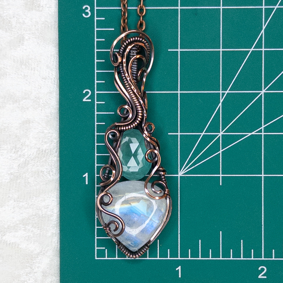 Rainbow Moonstone & Rose Cut Quartz Antiqued Copper Pendant