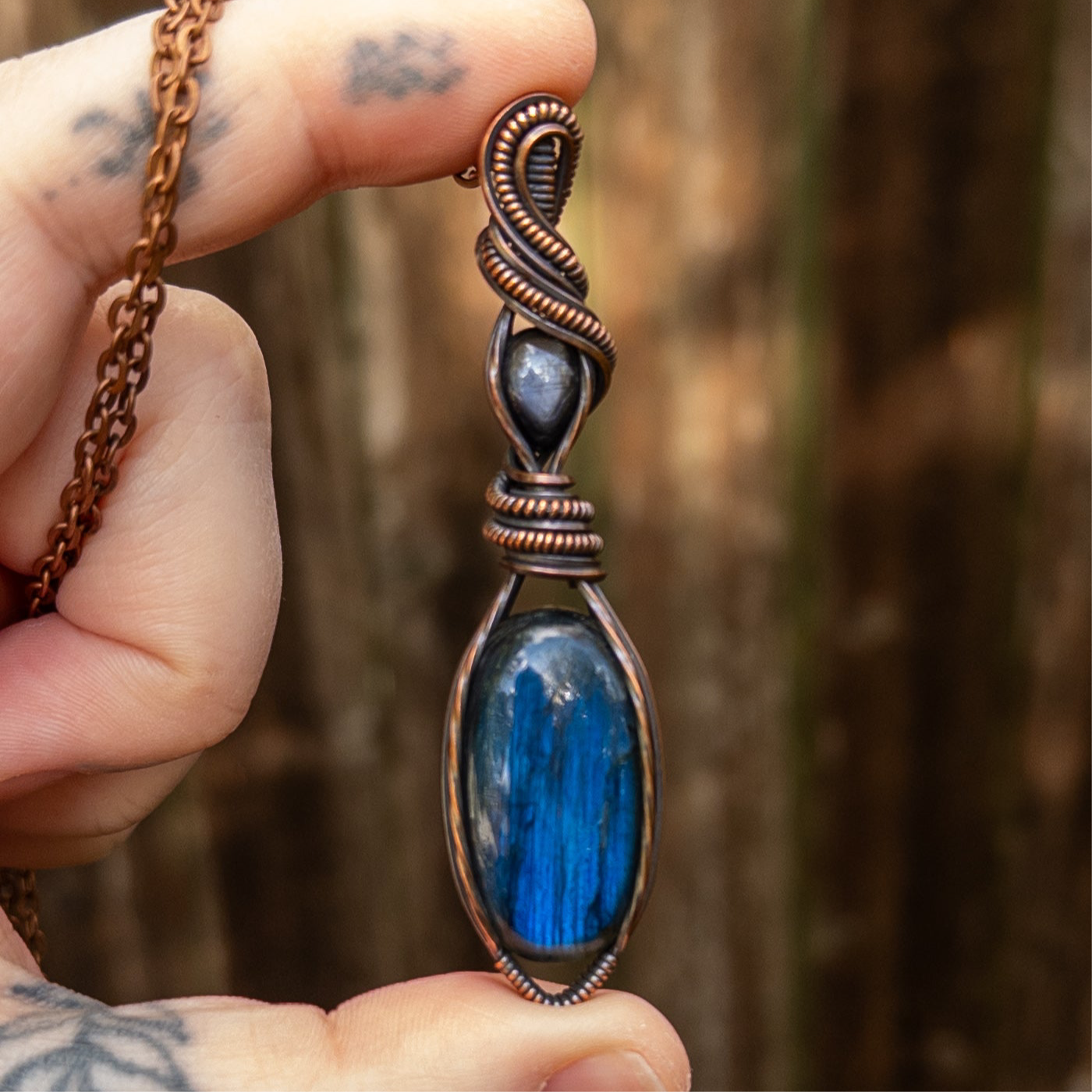 Labradorite & Tanzanian Iolite Copper Wrapped Pendant