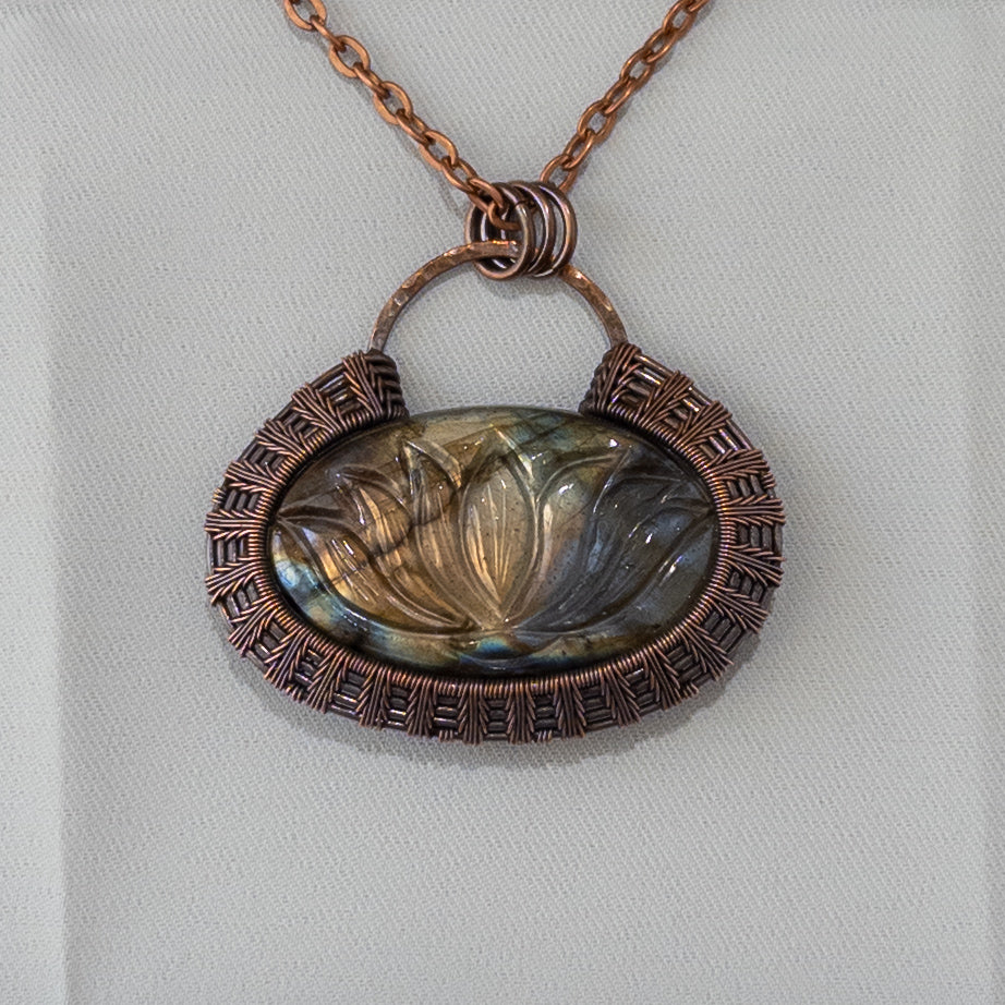 Lotus Carved Labradorite Woven Copper Pendant