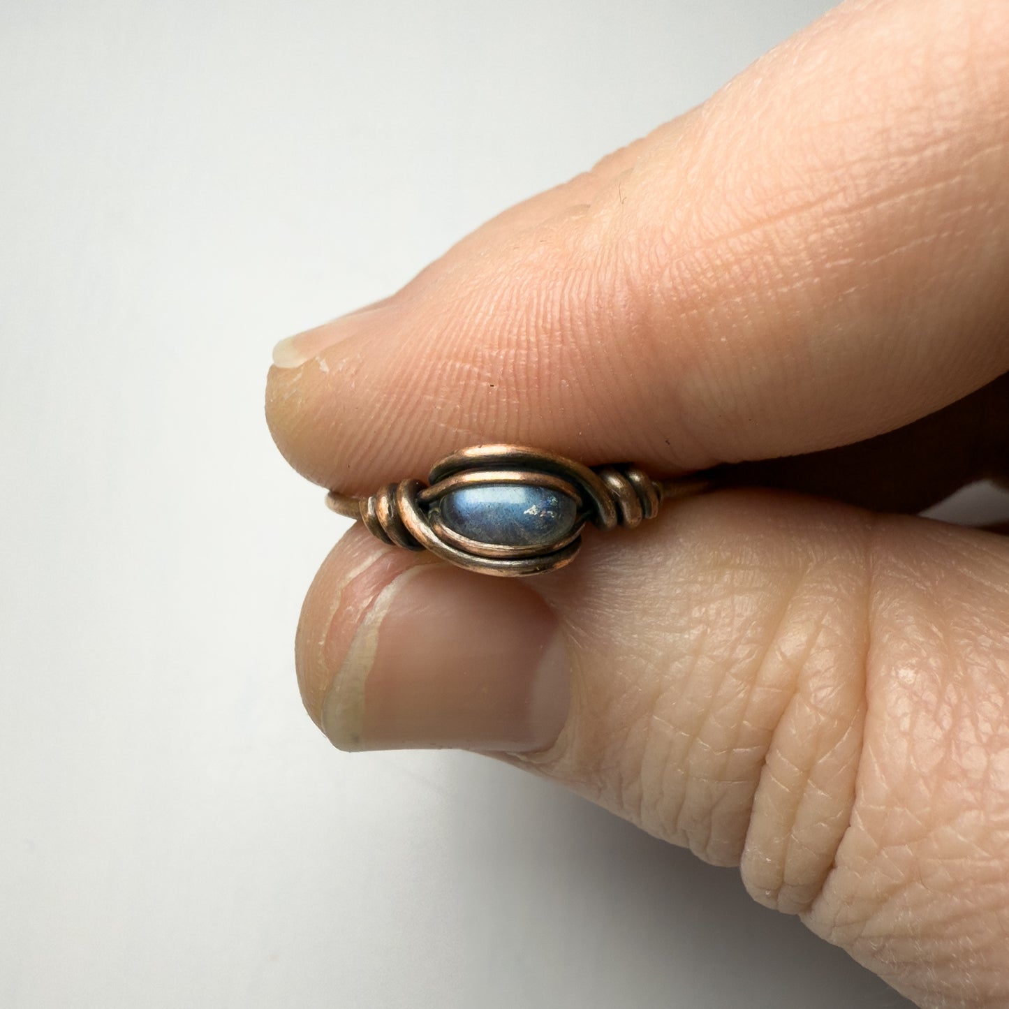 Dainty Light Blue Labradorite Copper Ring 8.25