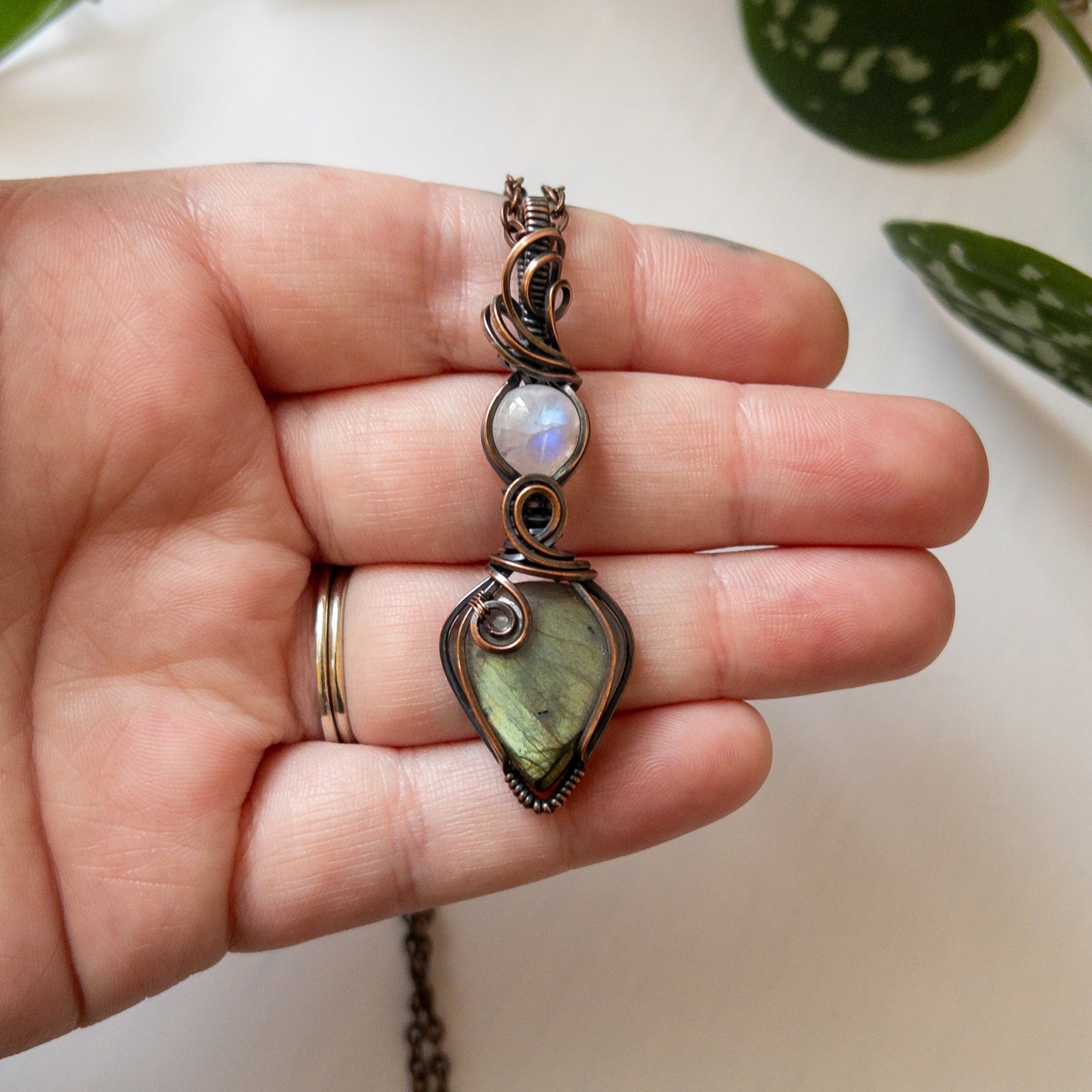 Labradorite With Moonstone & Copper Wrapped Pendant