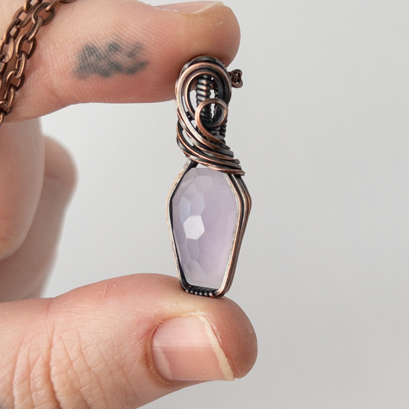 Rose Cut Lavender Chalcedony Coffin Copper Wrapped Pendant
