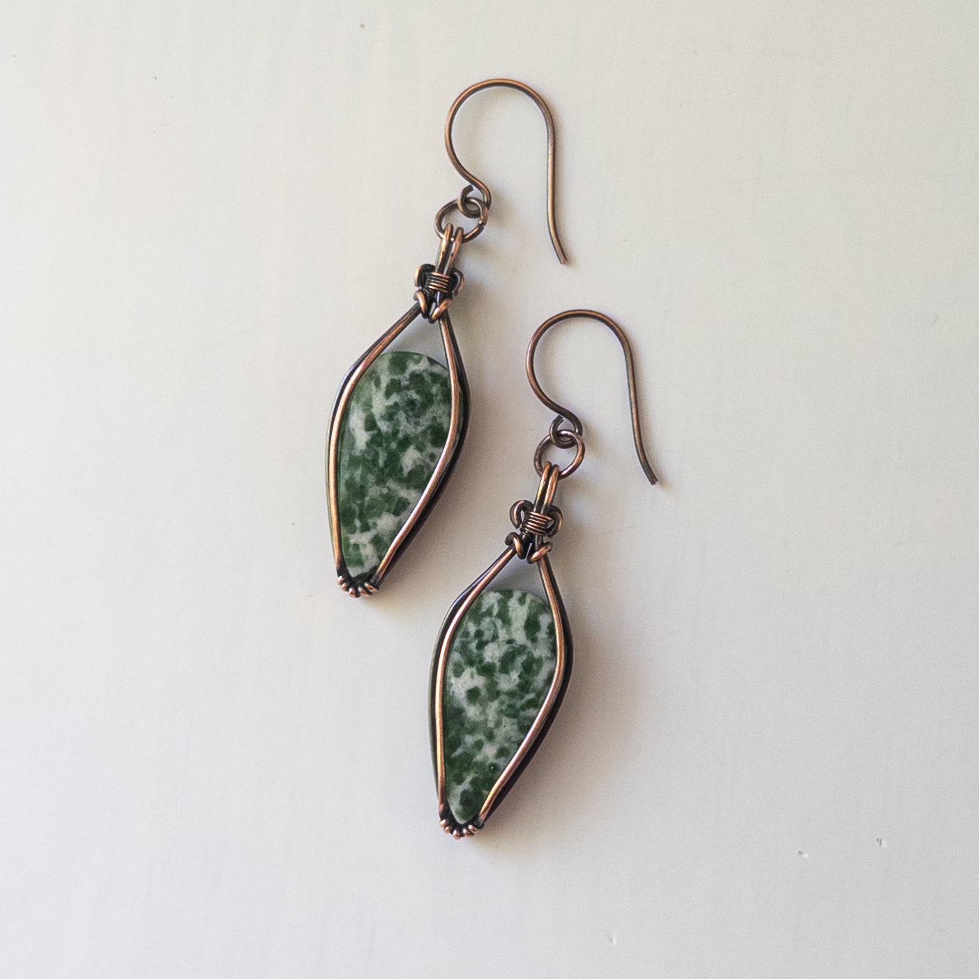 Green Spot Jasper Antiqued Copper Wrapped Earrings
