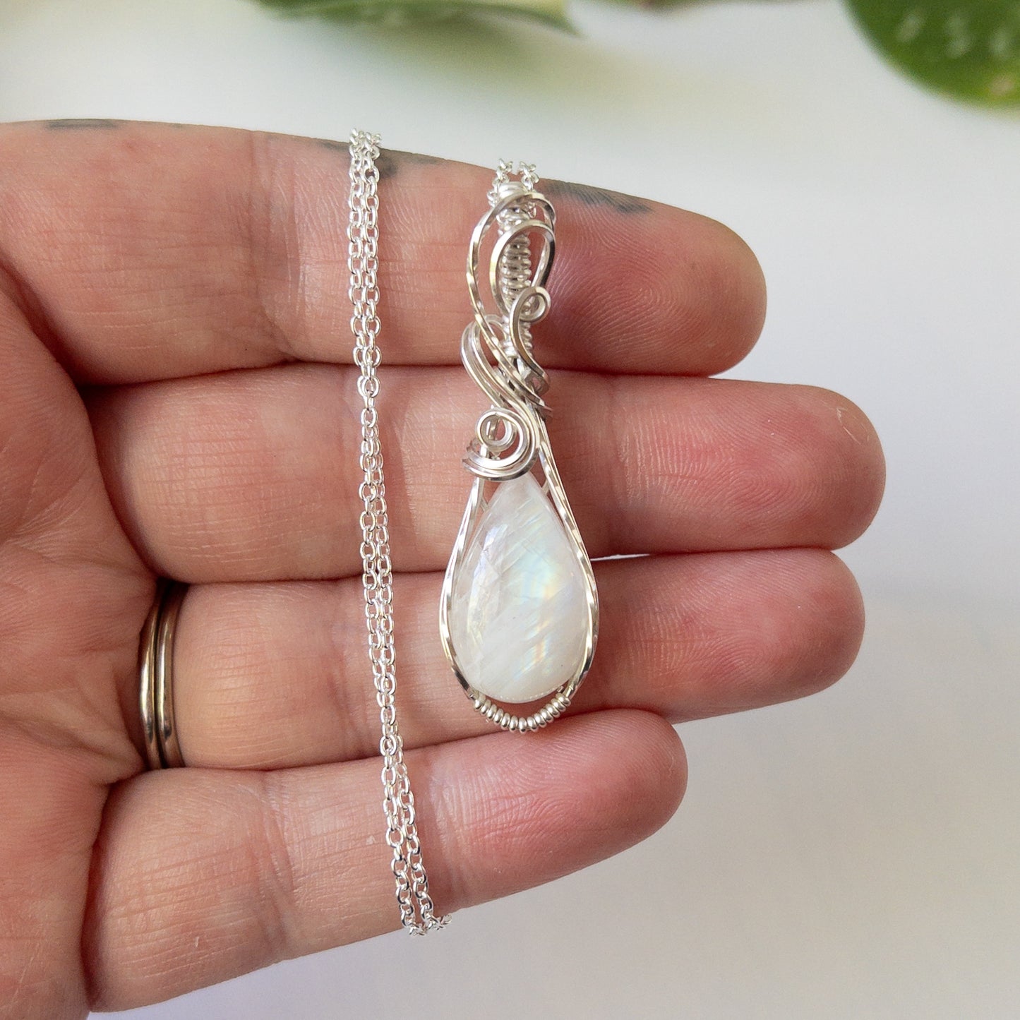 Rainbow Moonstone & Sterling Silver Wrapped Pendant