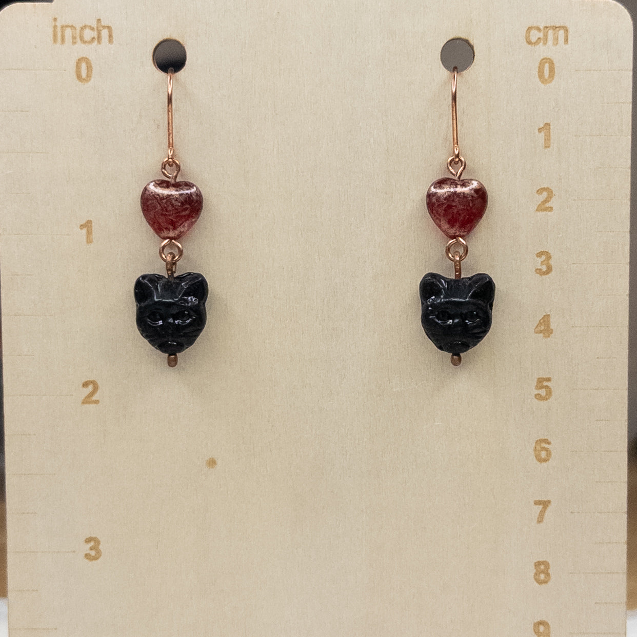Black Cat & Hearts Czech Glass Copper Earrings
