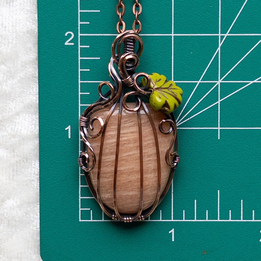 Peach Amazonite Pumpkin Pendant With Czech Glass Leaf - Antiqued Copper