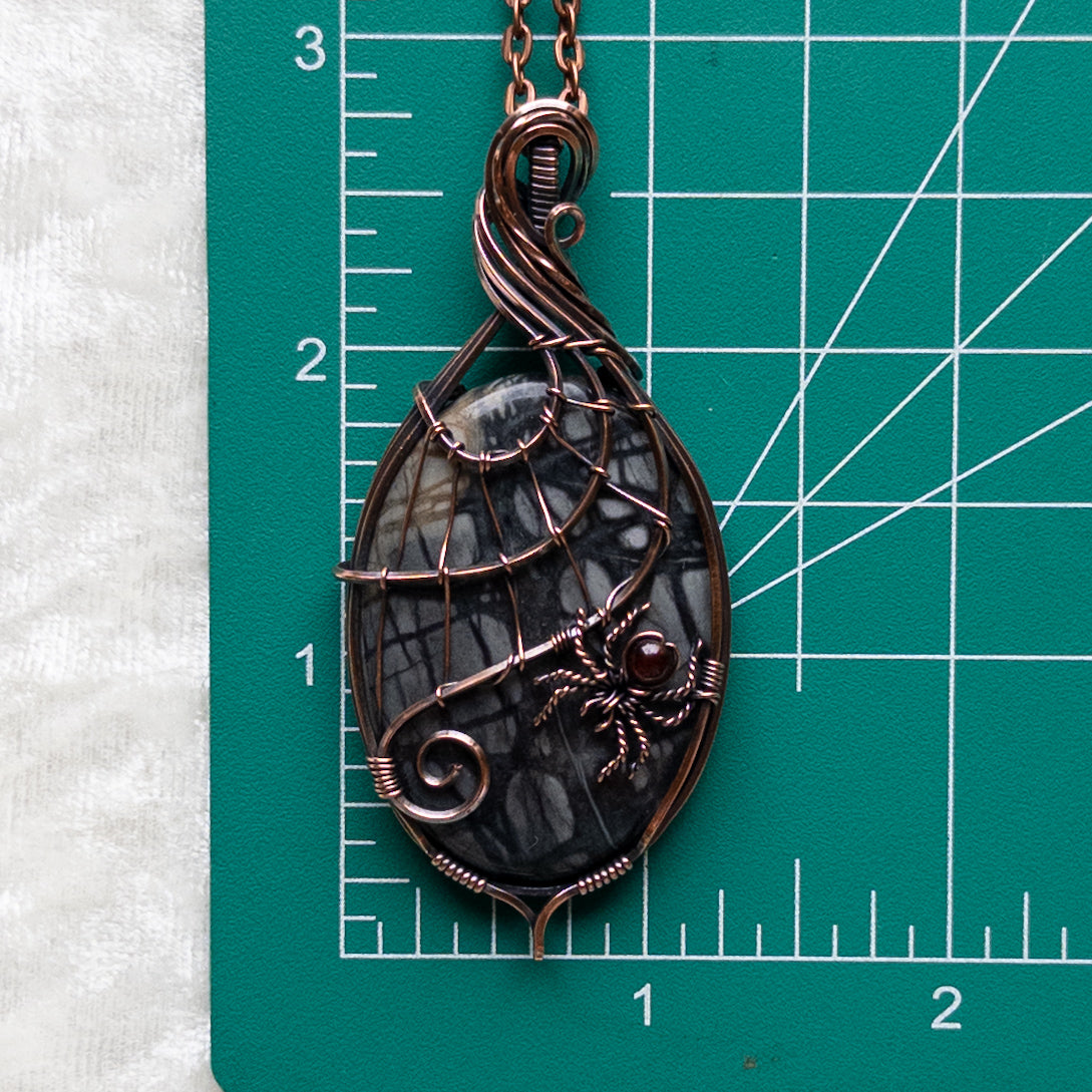 Picasso Jasper With Garnet Spider & Web Pendant - Antiqued Copper