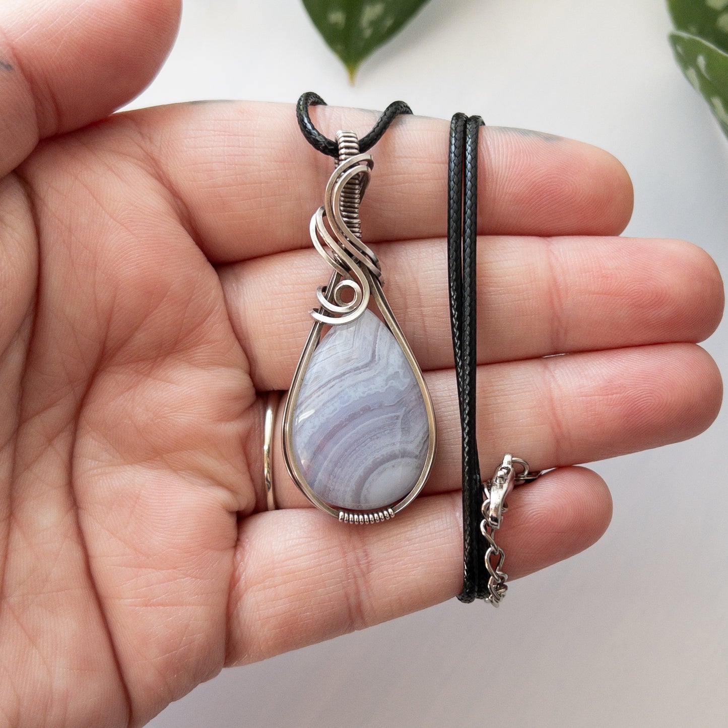 Blue Lace Agate & Sterling Silver Wrapped Pendant