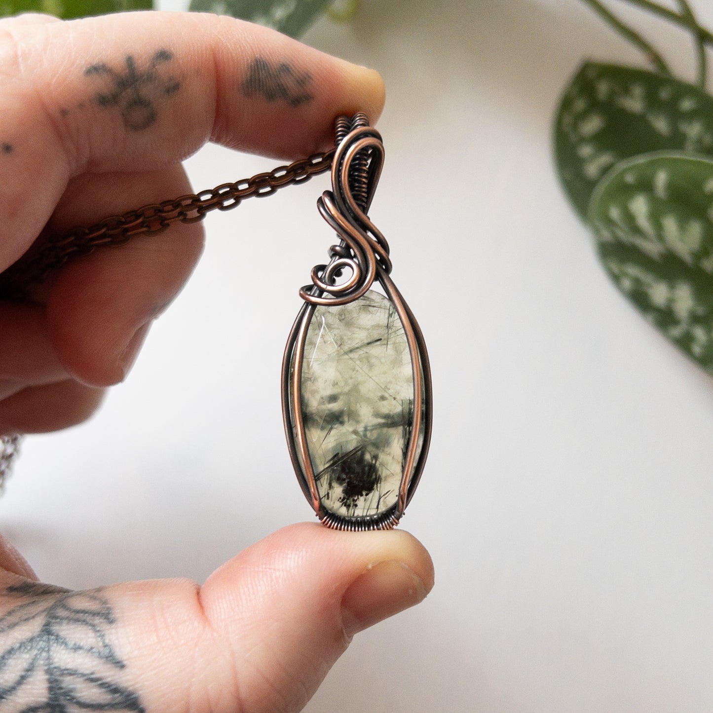 Faceted Prehnite & Copper Wrapped Pendant