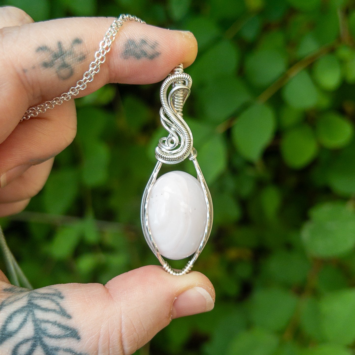 Pink Opal & Sterling Silver Wrapped Pendant
