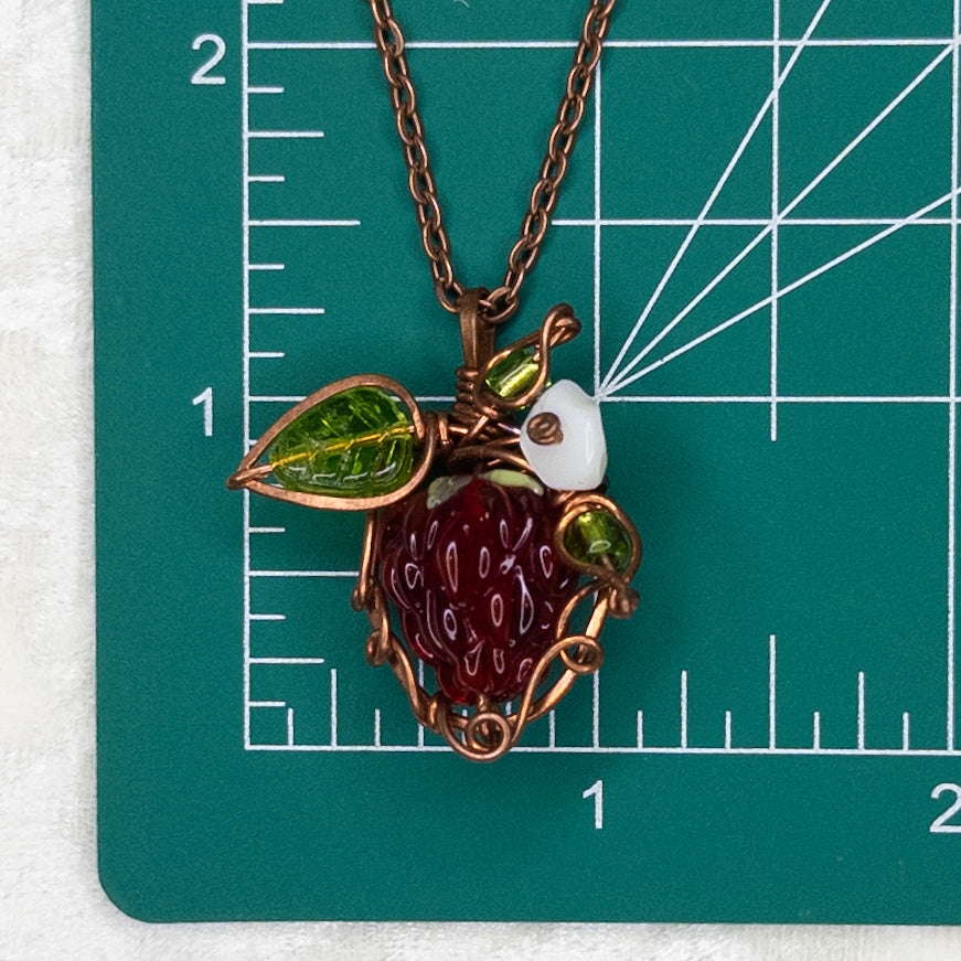 Whimsical Glass Raspberry Copper Wrapped Pendant with Shell Flower - F