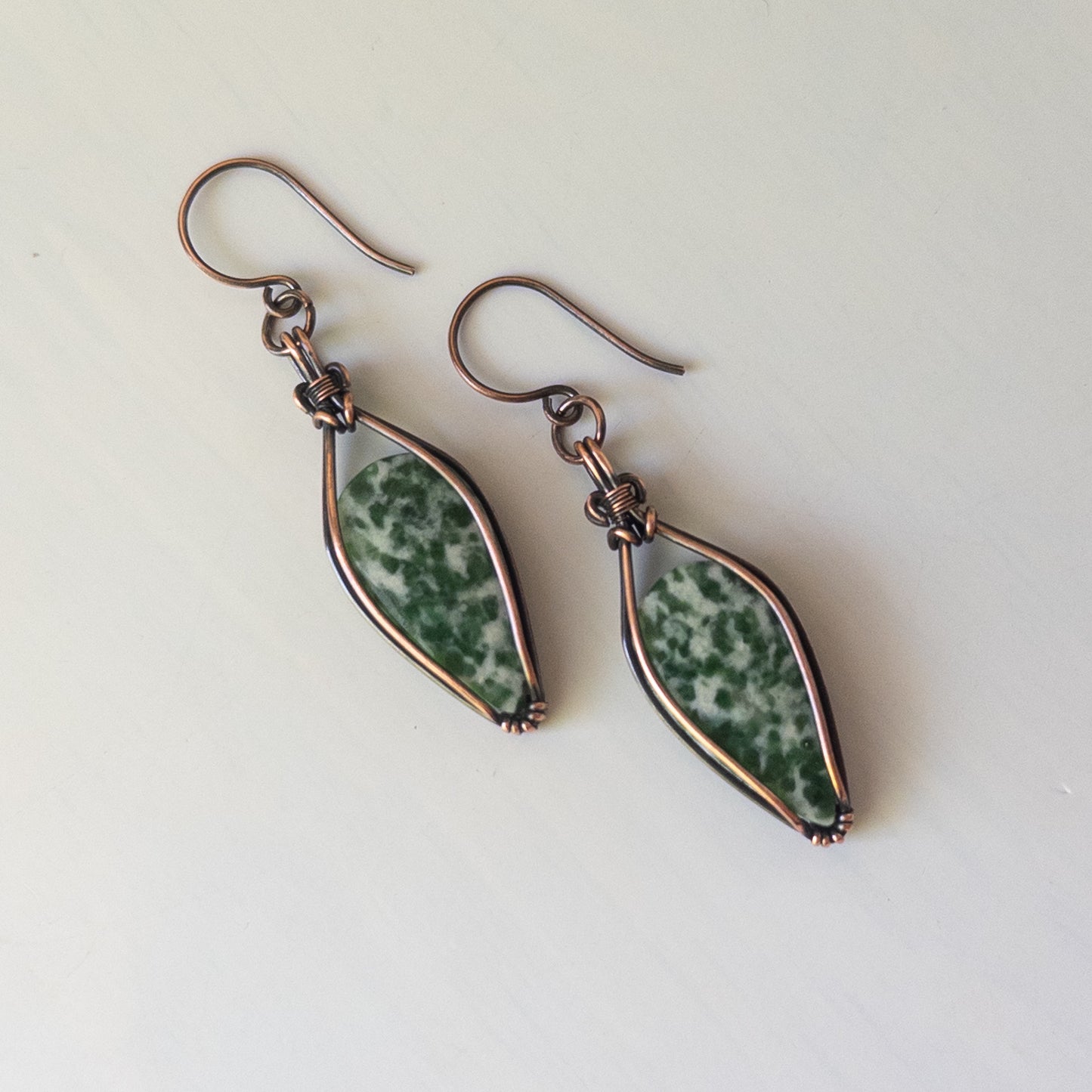 Green Spot Jasper Antiqued Copper Wrapped Earrings
