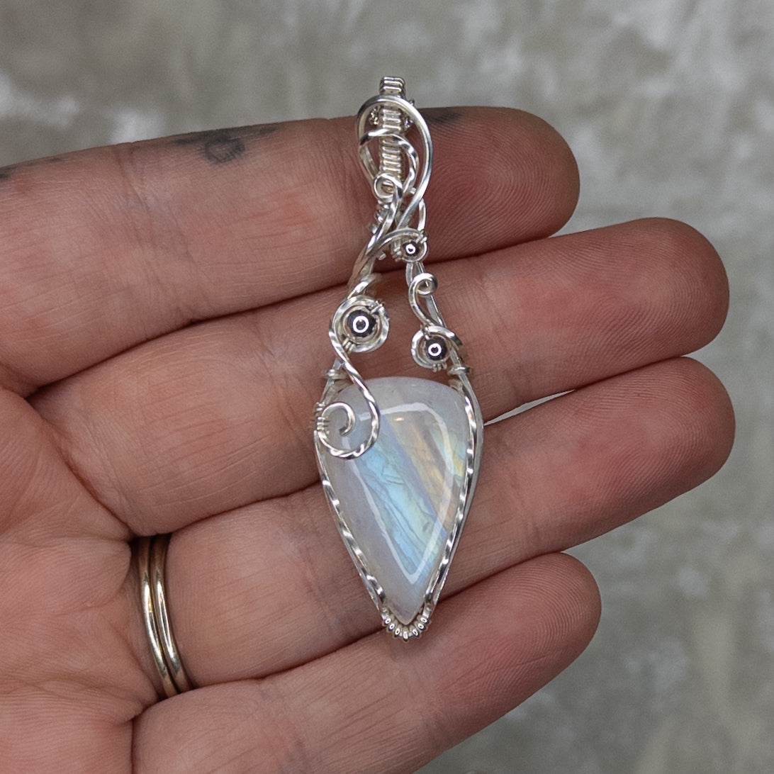 “Bubbles” Rainbow Moonstone & Sterling Silver Wrapped Pendant