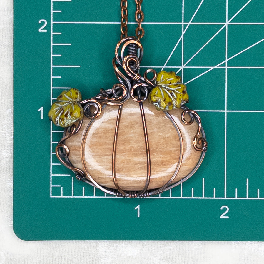 Peach Moonstone Antiqued Copper Pumpkin Pendant With Czech Glass Leaves