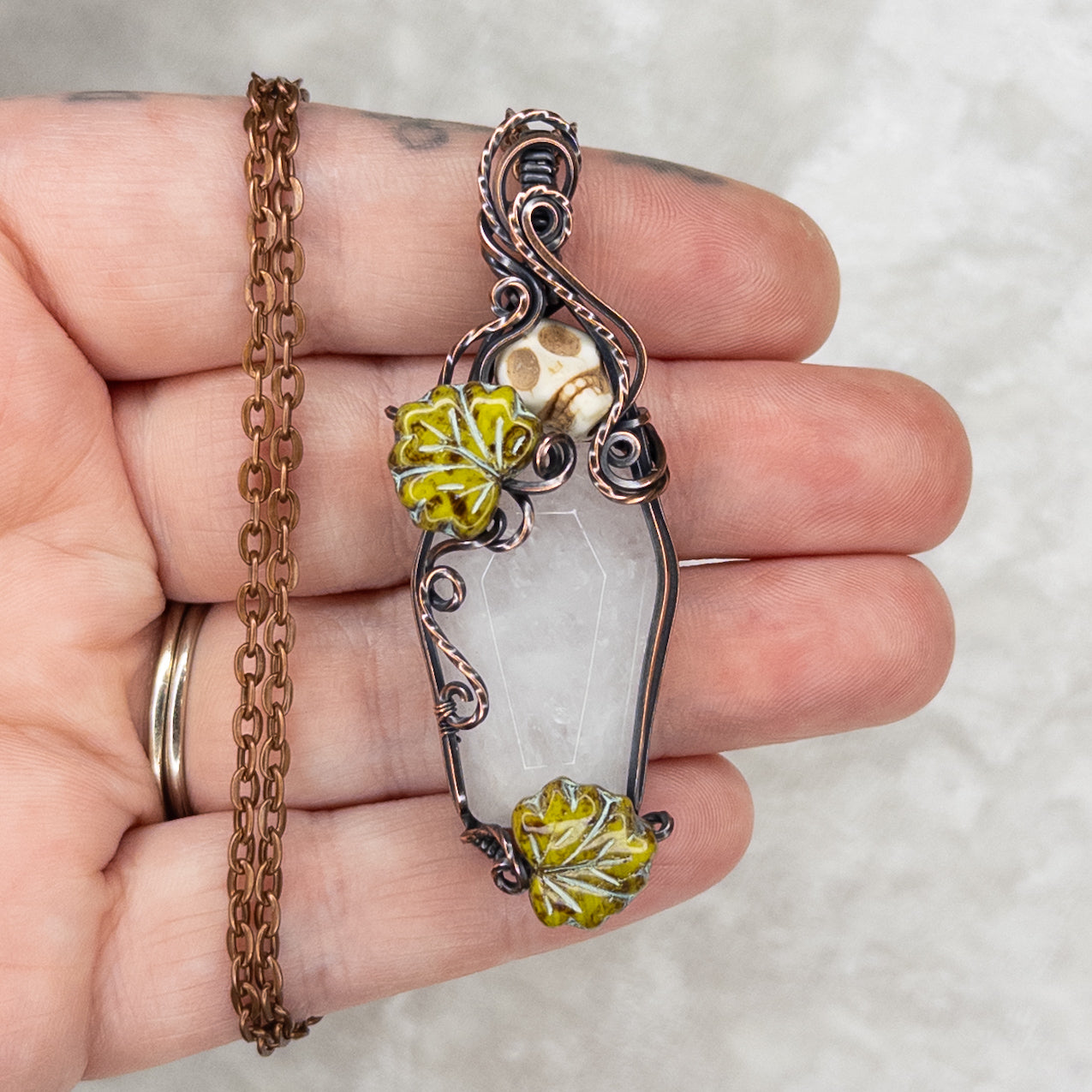 Quartz Coffin & Skull Antiqued Copper Pendant With Czech Glass Leaves