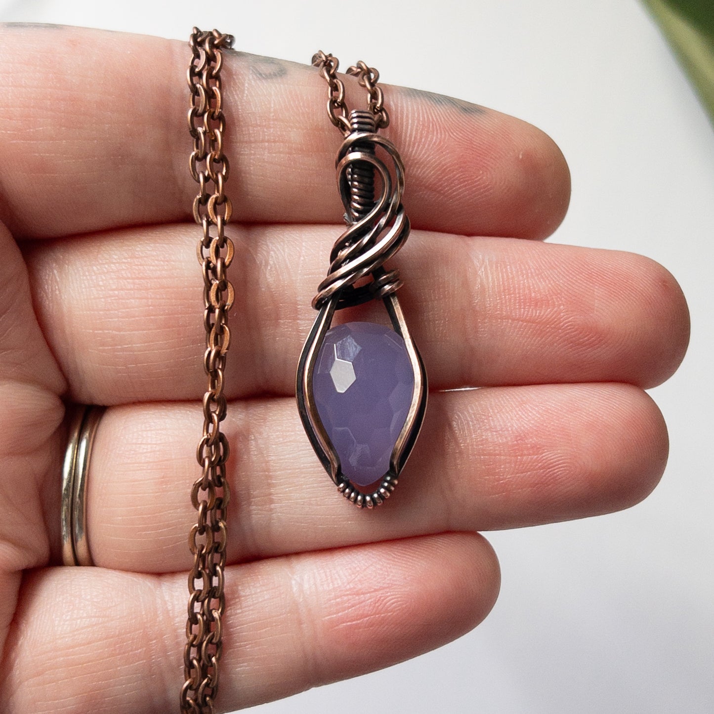 Faceted Lavender Chalcedony & Copper Wrapped Pendant