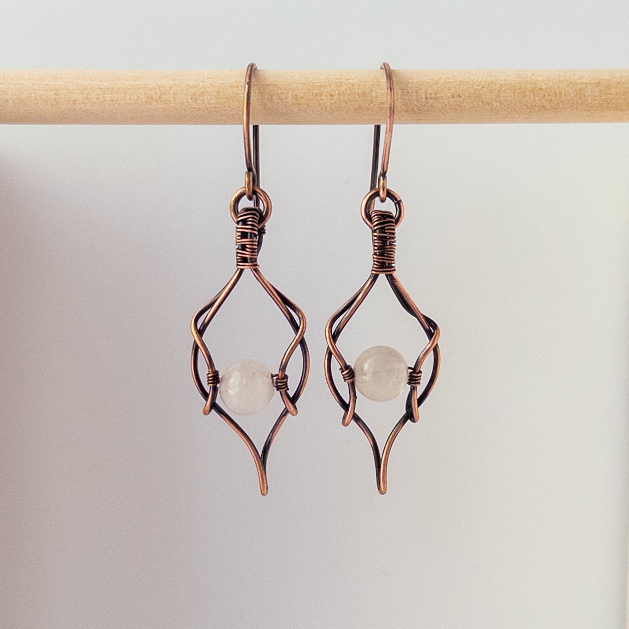 Rose Quartz Bead Antiqued Copper Wrapped Earrings