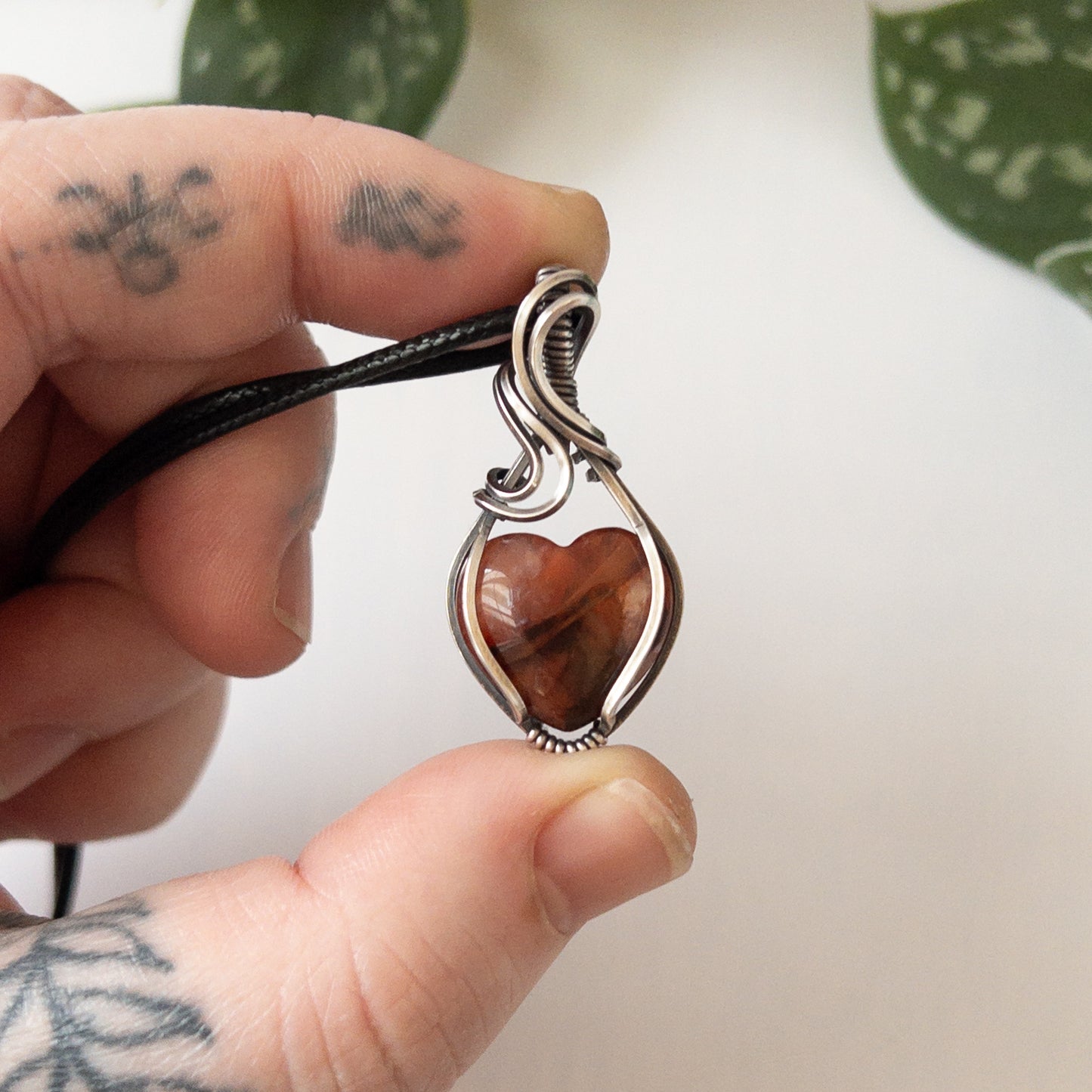 Fire Quartz Heart & Sterling Silver Wrapped Pendant