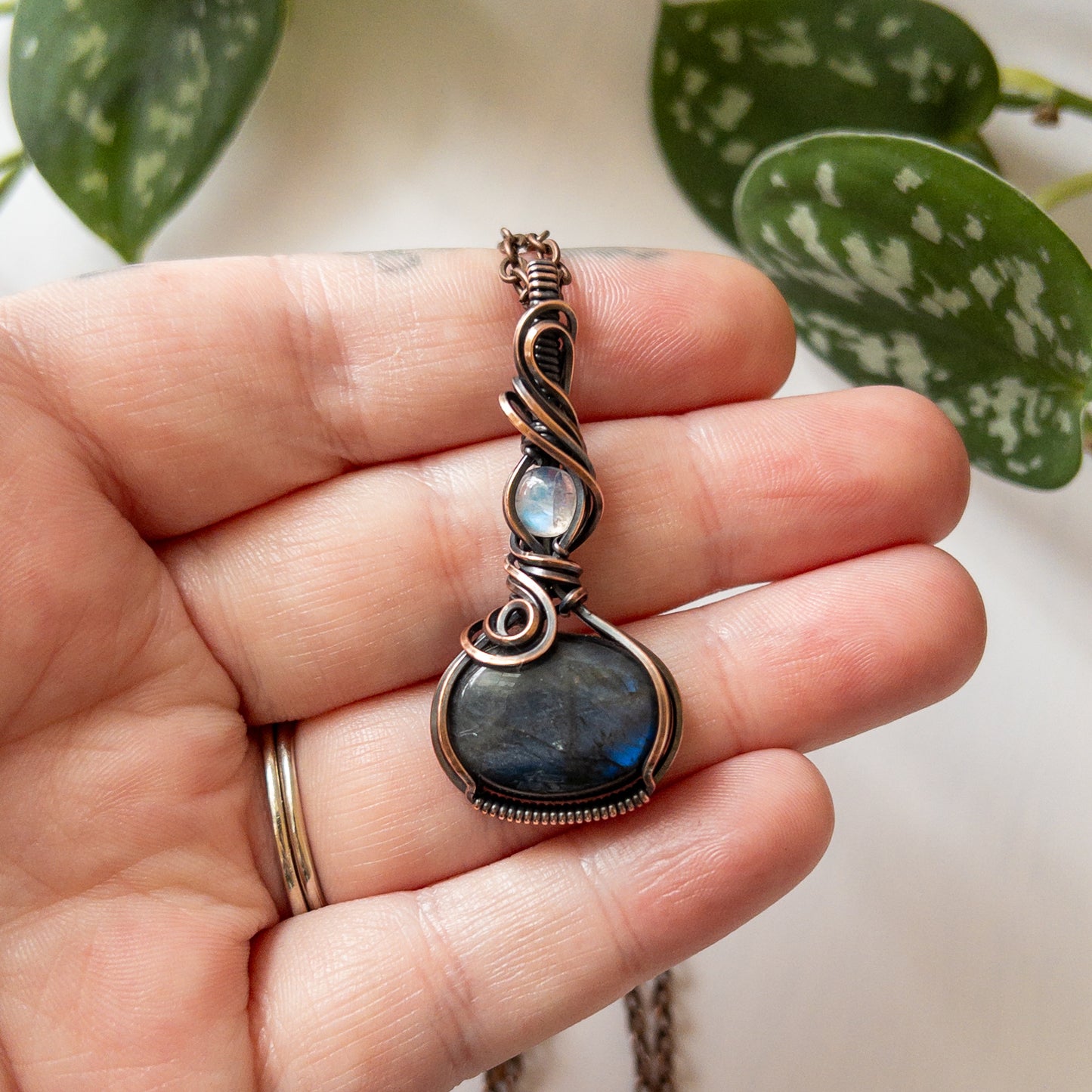 Labradorite With Moonstone & Copper Wrapped Pendant