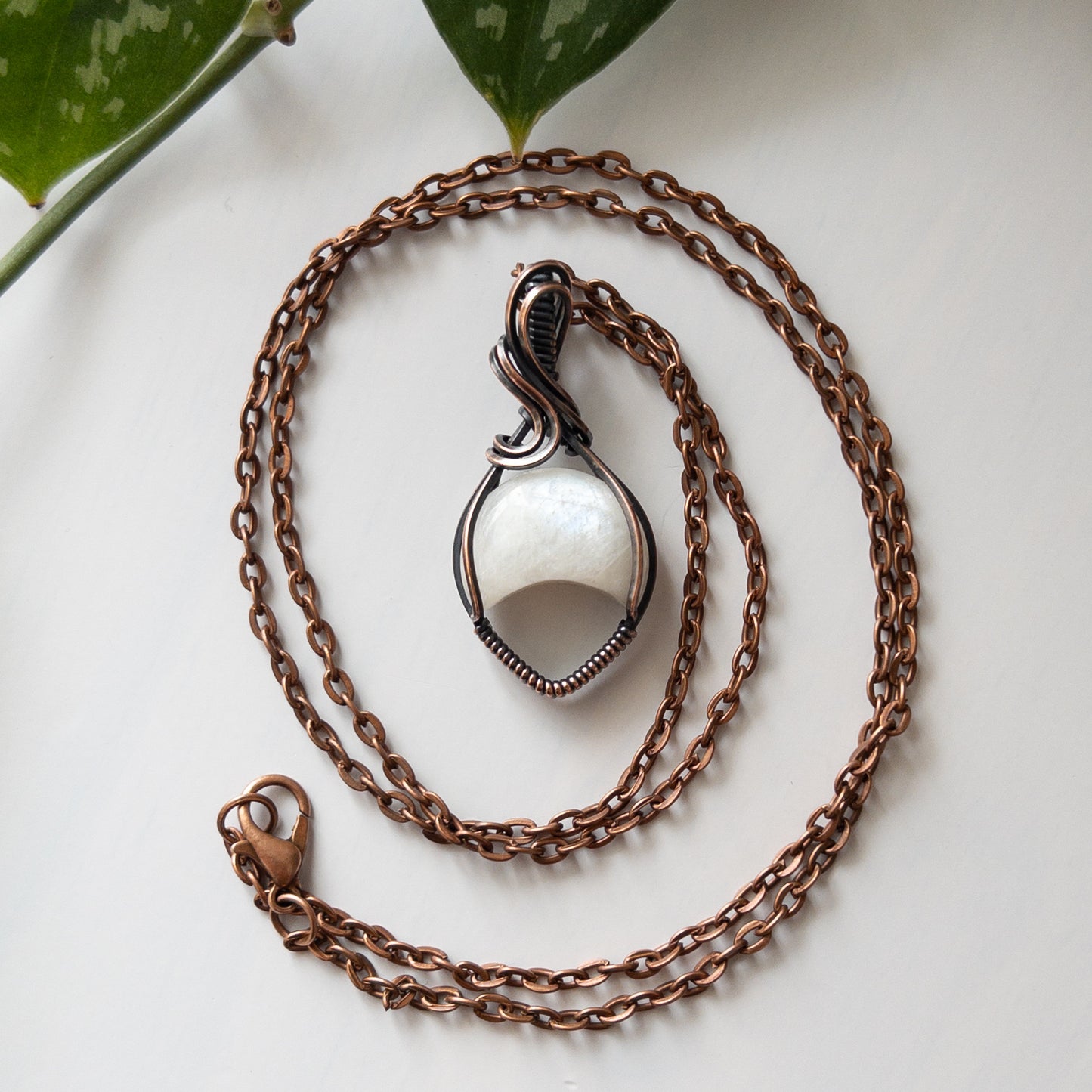 Moonstone Inverted Moon & Copper Wrapped Pendant