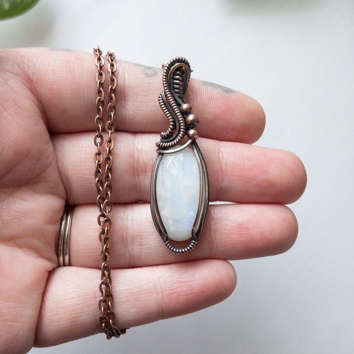 Blue Flash Moonstone & Copper Wrapped Pendant